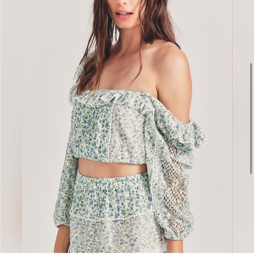 HOUSE OF HARLOW 1960 Crochet Floral Green & Blue Blouse